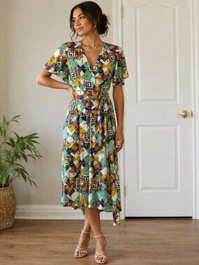 T-Bags Vintage 90s Abstract Geometric Wrap Midi Dress | Size Small | Made in USA